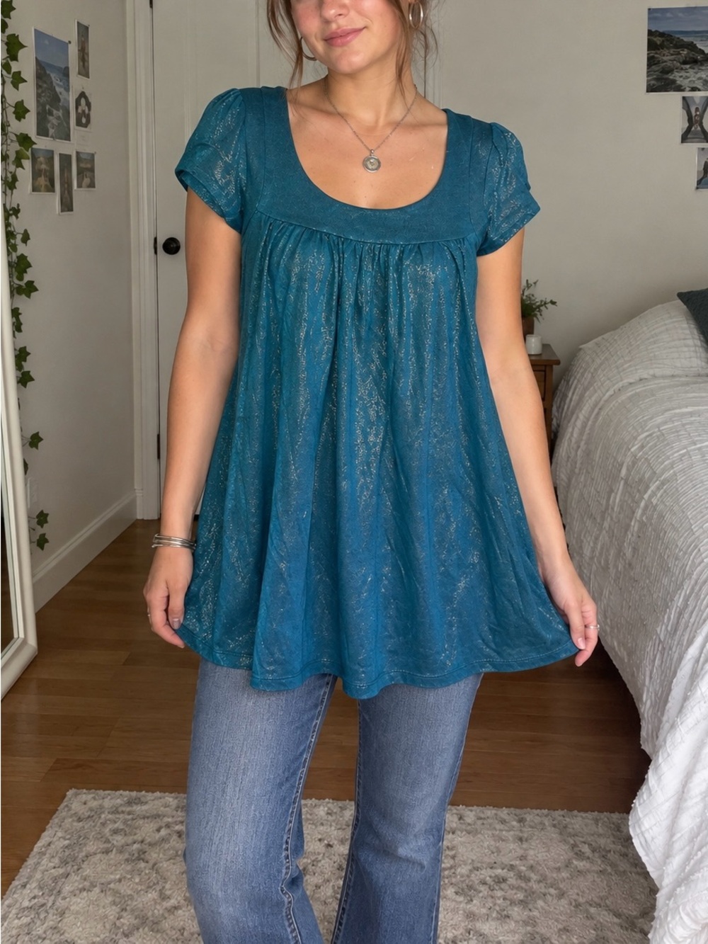 Vintage Y2K Cecico Teal Metallic Short Sleeve Swing Tunic Top Romantic Fairycore